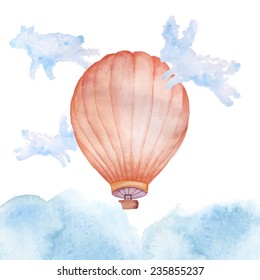 Air balloon in watercolor clouds in form animals. Sky flying hand drawn background. Vector illustration