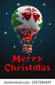  Air balloon  with wool knitted texture and ornament with deer, bell, tree , glowing garland decorations the background of the starry night sky.  Christmas and New Year greeting card and poster design