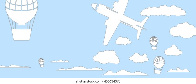 Air balloons and aircraft horizontal vector illustration for banner. Blue and white pastel colors background with flying transport. Travel float of air ship and plane. Blue sky and white fluffy clouds