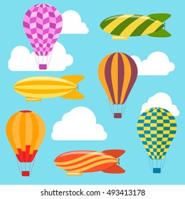 Air Balloons and Airships Background. Flat Design Style. Vector illustration of Cartoon Dirigibles and Hot Air Ballons Fly Pattern, Retro Transportation Concept. Vintage Airship Random Color