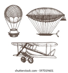 Air Balloons and Airships Hand Draw Sketch. Transport Vintage Style Design. Vector illustration