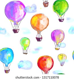 Air balloons artistic seamless pattern, painted image. Vector graphic illustration