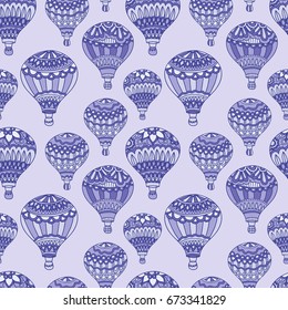 Air balloons blue vector seamless pattern. Monochrome blue background in doodle style. Air balloons elements for different design