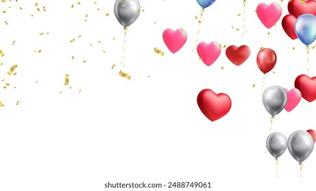 Air Balloons. Bunch of colorful  heart shaped foil balloons on background. Love. Holiday celebration. Valentine's Day party decoration. Birthday. Metallic balloon. Wide screen.
