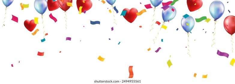 Air Balloons. Bunch of colorful  heart shaped foil balloons on background. Love. Holiday celebration. Valentine's Day party decoration. Birthday. Metallic balloon. Wide screen.
