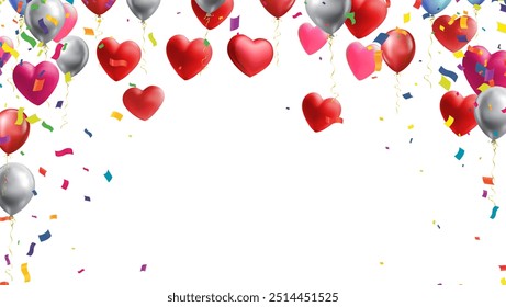 Air Balloons. Bunch of colorful  heart shaped foil balloons on background. Love. Holiday celebration. Valentine's Day party decoration. Birthday. Metallic balloon. Wide screen.
