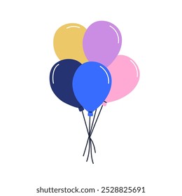 Globos de aire flotando, volando. Paquete de globo festivo atado con cuerda. Decoración de helio, decoración de cumpleaños. Paquete de globos decorativos. Ilustración vectorial plana aislada sobre fondo blanco