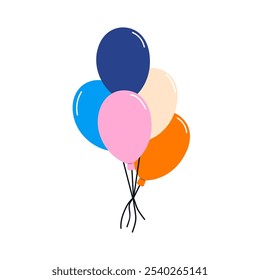 Air balloons bunch flying, tied with string. Festive baloons bundle floating, soaring up. Holiday decoration. Birthday party decor. Flat graphic vector illustration isolated on white background