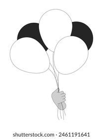 Air balloons bunch holding cartoon human hand outline illustration. Children holiday decor 2D isolated black and white vector image. Festive mood creation flat monochromatic drawing clip art