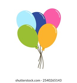 Balões de ar com corda. Feixe de balão multicolorido festivo. Bolas de hélio infláveis subindo. Decoração de férias. Decoração de aniversário. Ilustração vetorial plana colorida isolada sobre fundo branco