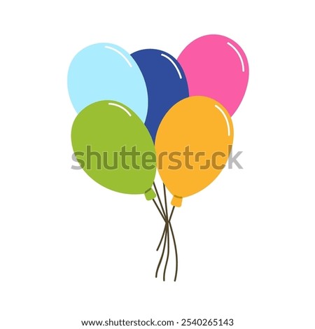 Air balloons bunch with string. Festive multicolored baloon bundle. Inflatable helium balls flying up. Holiday decoration. Birthday decor. Colored flat vector illustration isolated on white background