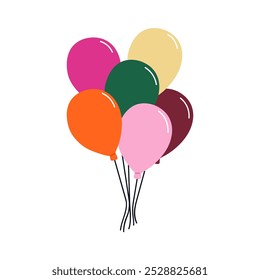 Globos de aire manojo atado con cuerda. Paquete de globos festivos flotando, volando hacia arriba. Decoración de Festiva. Decoración de cumpleaños de plástico de helio. Ilustración vectorial gráfica plana aislada sobre fondo blanco