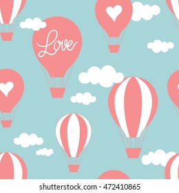 Air balloons and clouds hand drawn seamless pattern. Doodle wallpaper vector. Colorful background with blue sky