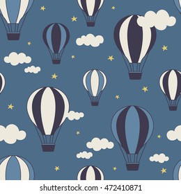 Air balloons, clouds and stars hand drawn seamless pattern. Doodle wallpaper vector. Colorful background with night sky