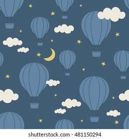 Air balloons, clouds, stars and moon hand drawn seamless pattern. Doodle wallpaper vector. Colorful background with night sky