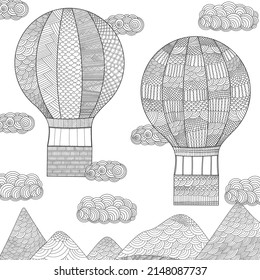 Air balloons coloring page, antistress coloring sheet. Can be used as decor, poster, anti-stress therapy, and party activity. Vector illustration. 