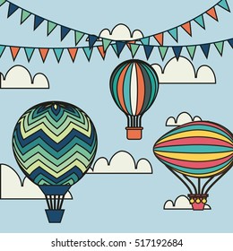 air balloons with decorative pennants over white background. colorful design. vector illustration