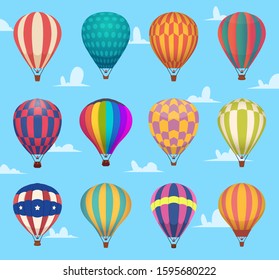 Air balloons. Festival romantic flight outdoor hot air balloons aircraft transport vector cartoon set