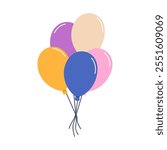 Air balloons in festive bunch, tied with string. Holiday decoration for celebration. Floating helium baloons decor. Ballons bundle rising up. Flat vector illustration isolated on white background