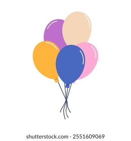 Air balloons in festive bunch, tied with string. Holiday decoration for celebration. Floating helium baloons decor. Ballons bundle rising up. Flat vector illustration isolated on white background