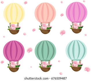 Air balloons with flowers. Kids decor in different colors Vector illustration