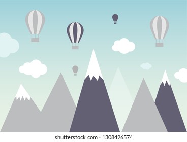Globos aéreos vuelan en el cielo sobre montañas. Fondo del vector