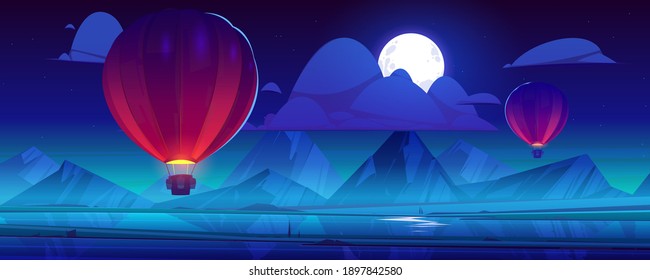 Air balloons flying at night sky with full moon and clouds on mountains background. Aerial flight, midnight travel with beautiful scenery landscape view. Journey, adventure Cartoon vector illustration