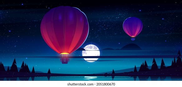 Air balloons flying at night starry sky with full moon and clouds over lake with rocks and conifers trees. Aerial flight travel, midnight scenery landscape, Cartoon vector illustration, background