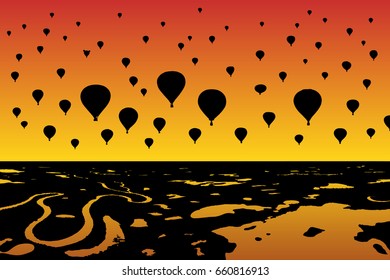 Air balloons flying in sunset. Vector illustration with silhouette of aerostats under evening sky. Landscape with rivers and lakes. Bright gradient background