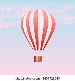 Air balloons with gift box on background sky and clouds. Vector illustration.