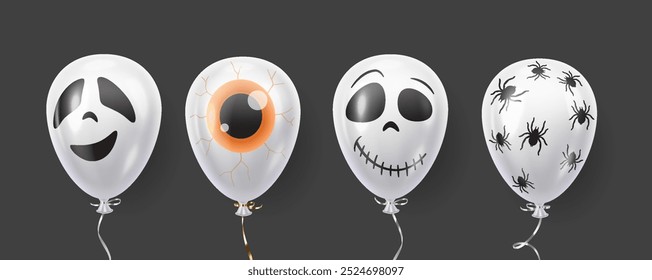 Globos de aire con diseños de Halloween realistas iconos de color conjunto. Cráneo de globo ocular fantasma y patrones de arañas ilustraciones de objetos 3d en negro