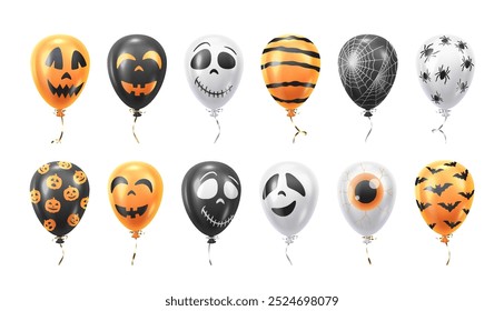 Air balloons with Halloween symbols realistic color icons set. Spooky party inflatable decor 3d objects illustrations on white background