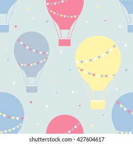 Air balloons hand drawn seamless pattern. Doodle wallpaper vector. Colorful background with icon set