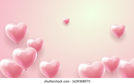 Air Balloons of heart shaped in pastel pink background. Happy valentines day romantic design elements holiday celebration. Valentine's Day or wedding or bachelorette party decoration. Vector EPS 10
