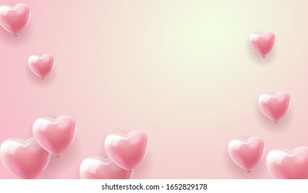 Globos de aire en forma de corazón con fondo rosa pastel. Feliz Día de San Valentín romántico elementos de diseño celebración de vacaciones. Día de San Valentín o boda o despedida de soltera. Vector EPS 10