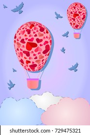 Air balloons with hearts, clouds and birds. Vector illustration!
