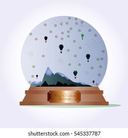 Air balloons inside of crystal ball with some snowflakes, snow, the mountain, dark forest and Merry Christmas text.