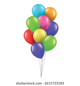 Air balloons multicolored bunch on string for holiday birthday party realistic vector illustration. Colored flying helium rubber decoration for festive celebration greeting anniversary event