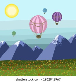 Air balloons on the background of mountains. Picture, postcard, wallpaper, poster, banner, background, cover, print.