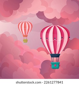 Air balloons on the background of pink clouds. Dawn in pink clouds. Beautiful pink background for a postcard