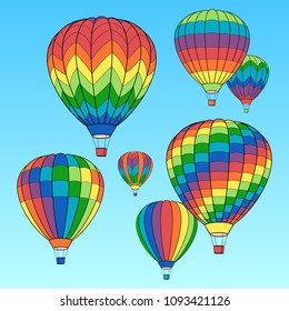 Air Balloons on Blue Sky Background. Vector Illustration. Retro Multicolor with Outlines Style. Logo, Banner, Sign, Card, Travelling Design. Coloring Book Page Design for Education.