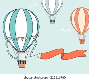 Air balloons with party ribbon, flags and birds. Vector illustration