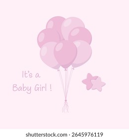 Air balloons in pink colour with the stars and the sign for gender party. Baby shower vector illustration. 