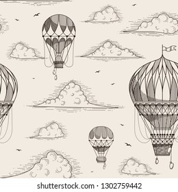 Air balloons retro background. Vintage seamless pattern with clouds and air balloons.