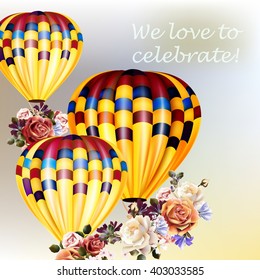 Air balloons with roses in the basket Valentines day illustration or festive illustration