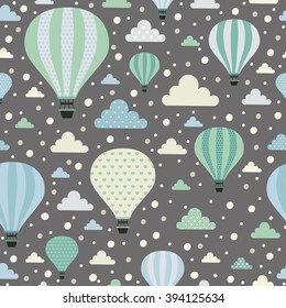 Air balloons. Seamless pattern with cute air balloons and clouds.  All elements are  hidden under mask. Pattern are not cropped and can be edited. Cute vector illustration. Vacation, holiday, travel.