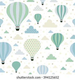 Air balloons. Seamless pattern with cute air balloons and clouds.  All elements are  hidden under mask. Pattern are not cropped and can be edited. Cute vector illustration. Vacation, holiday, travel.