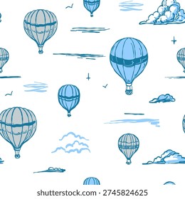 Air balloons, seamless pattern, sketch, one-color hand drawn vector illustrations, monochrome