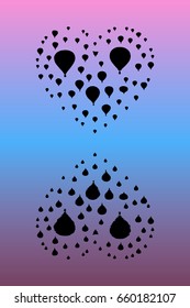 Air balloons in shape of heart at dawn. Abstract vector illustration with silhouette of flying aerostats reflecting in water. Bright gradient background