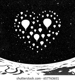 Air balloons in shape of heart at night. Vector illustration with silhouette of flying aerostats under starry sky. Landscape with rivers and lakes. Inverted black and white